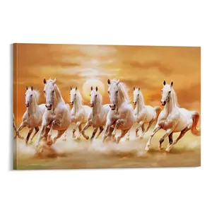 Living room and office decor artwork “Seven Horses Galloping” in Vasstu style canvas poster landscape mural; suitable for living rooms, bedrooms, and offices; frameless option available, also offered framed.