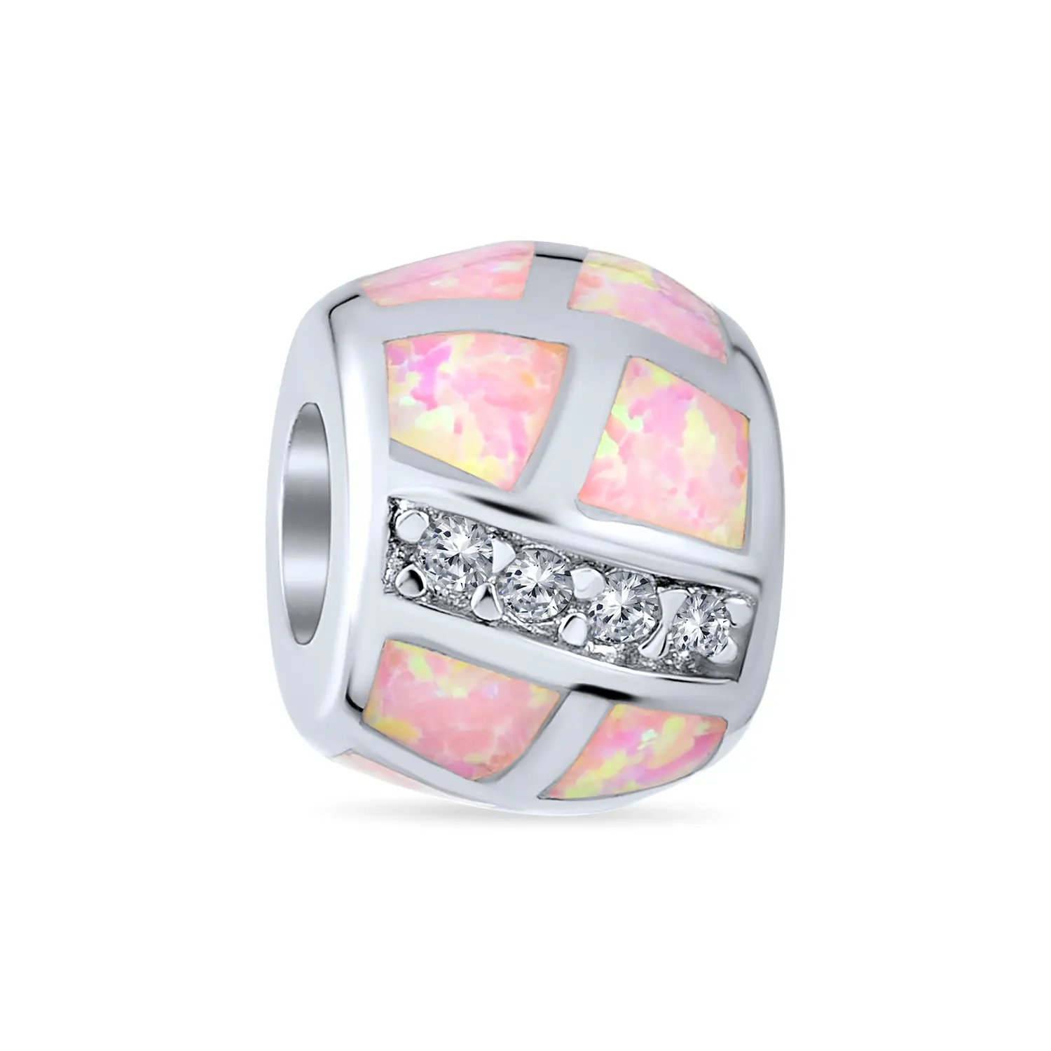 Sterling Silver Geometric CZ Pink Created Opal Barrel Charm Bead For October Birthstone for Bracelet