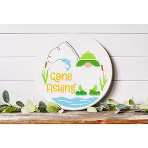 3D Laser Engraved Gone Fishing Gnome Front Door Decor, Gnome Welcome Door Hanger, Summer and Fall Door Hanger