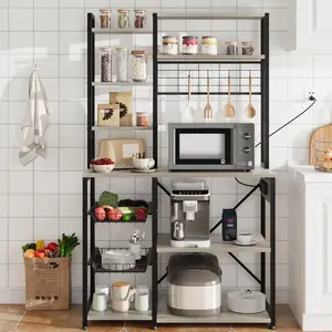 【GARVEE】Standing Baker Rack with Power Outlet, 7-Tier Microwave Stand with 2 Wire Drawer, Kitchen Microwave Baker Rack with Storage Shelf and Hook for Kitchen, Dining Room, Grey
