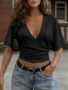 New Women's Summer Knit Short V-Neck T-Shirt, Casual Street Style, Elastic Loose Fit, All Seasons Fashion Top, Plain Pattern