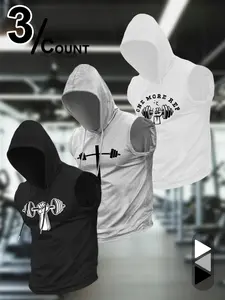 Men's Fitness Sleeveless Hoodie Bundle, 3-Pack "One More Rep" & Barbell Cross Workout Vests, Inspirational Tank Tops for Bodybuilders, Gym Goers & Faith-Based Enthusiasts, Sleeveless Sports Top