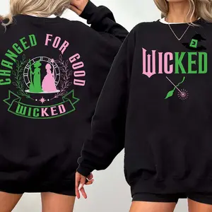 Wicked Sweatshirt Changed for Good Dual Sided Design with Magical Witch Hat and Wand Accents in Pink and Green