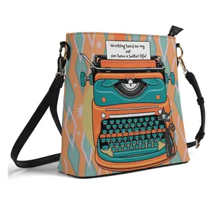 Atomic Cat Retro Typewriter Bucket Shoulder Bag, Funny, I Work Hard So My Cat Can Have A Better Life  Fashion Bag, Orange, Teal Reversible Design By MCM Gal, Mid Century Mod Kitschy Trendy Purse