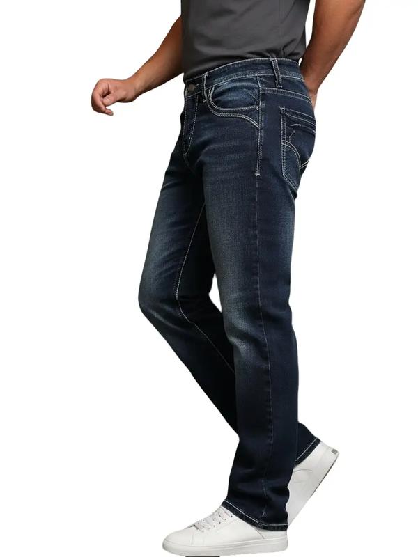 Men's Slim Straight Dark Wash Jeans with Thick Contrast Stitching for Comfort and Style
