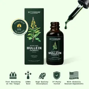 Betterbrand Mullein Leaf & Chlorophyll Drops for Lung Detox & Mucus Cleanse 30 Servings Clinically Studied Natural Liquid Herbal Supplement