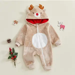 PYBCVRRD Infant Baby Girl Boy Christmas Reindeer Romper Plush Long Sleeve Hood Zip Up Full Length Jumpsuit Fall Winter Costume