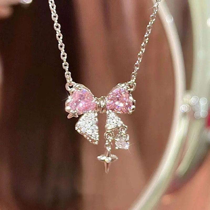 Sweet Pink Bow Necklace Womens Fashion Sparkling Rhinestone Star Heart Shape Pendant Clavicle Chain Delicate Wedding Accessories