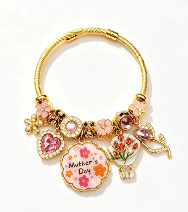 Mother’s Day gold twisted cable charm bangle, pink flower crystal beaded bracelet with tulip and heart charms, jewelry gift for mom and women