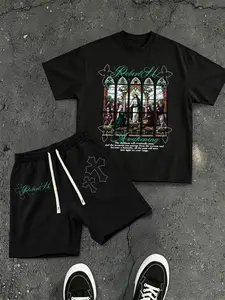 Dark Street Religious Print Set, Cross Stained Glass Tee + Shorts, American Retro Streetwear Two-Piece Set, Loose-Fitting, No Button, Casual, Outfit