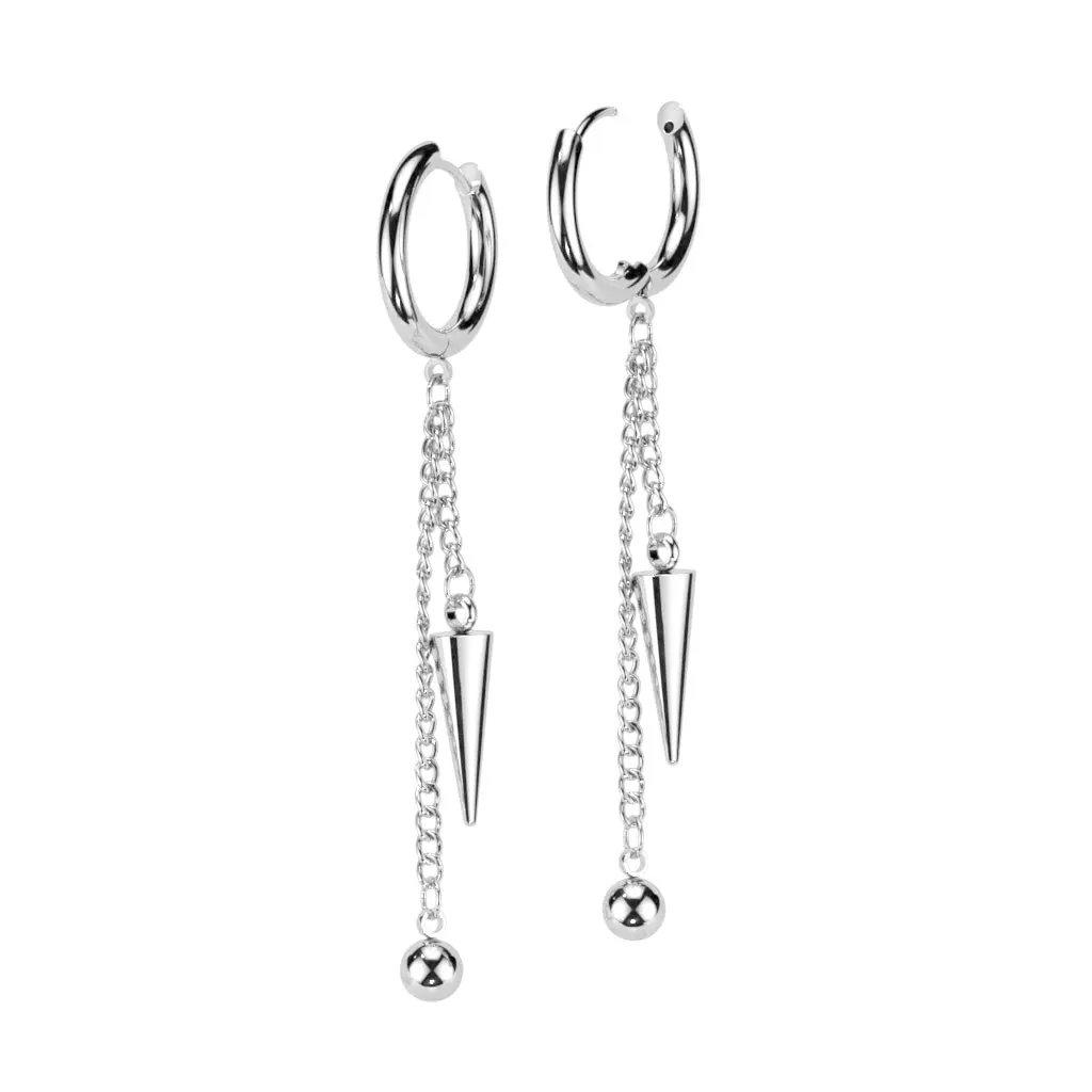 Dangling Chain with Ball and Cone Spikes Hinged Hoop Earrings - 316L Stainless Steel fashionable dangle