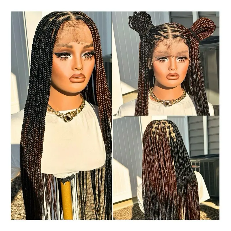 Knotless Braided Wig Full Lace 32 inch Black/Brown Glueless Handmade Synthetic Fiber with Adjustable Elastic Band and Straps
