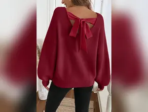 Red Dahlia Ribbed Knit Ribbon Knot Backless Drop Shoulder Sweater