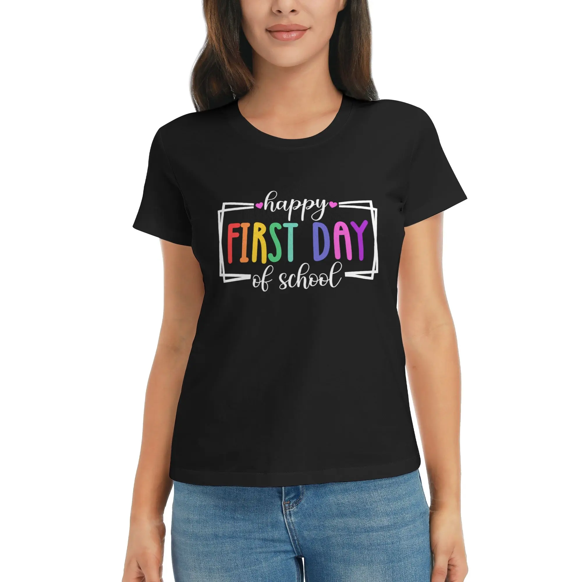 Happy First Day Of School Color Polka Dot Pencil Heart Floral Graphic Women Cotton T-Shirt S-3XL, Cute Teacher Student Back To School Rainbow Letter Crew Neck Tee