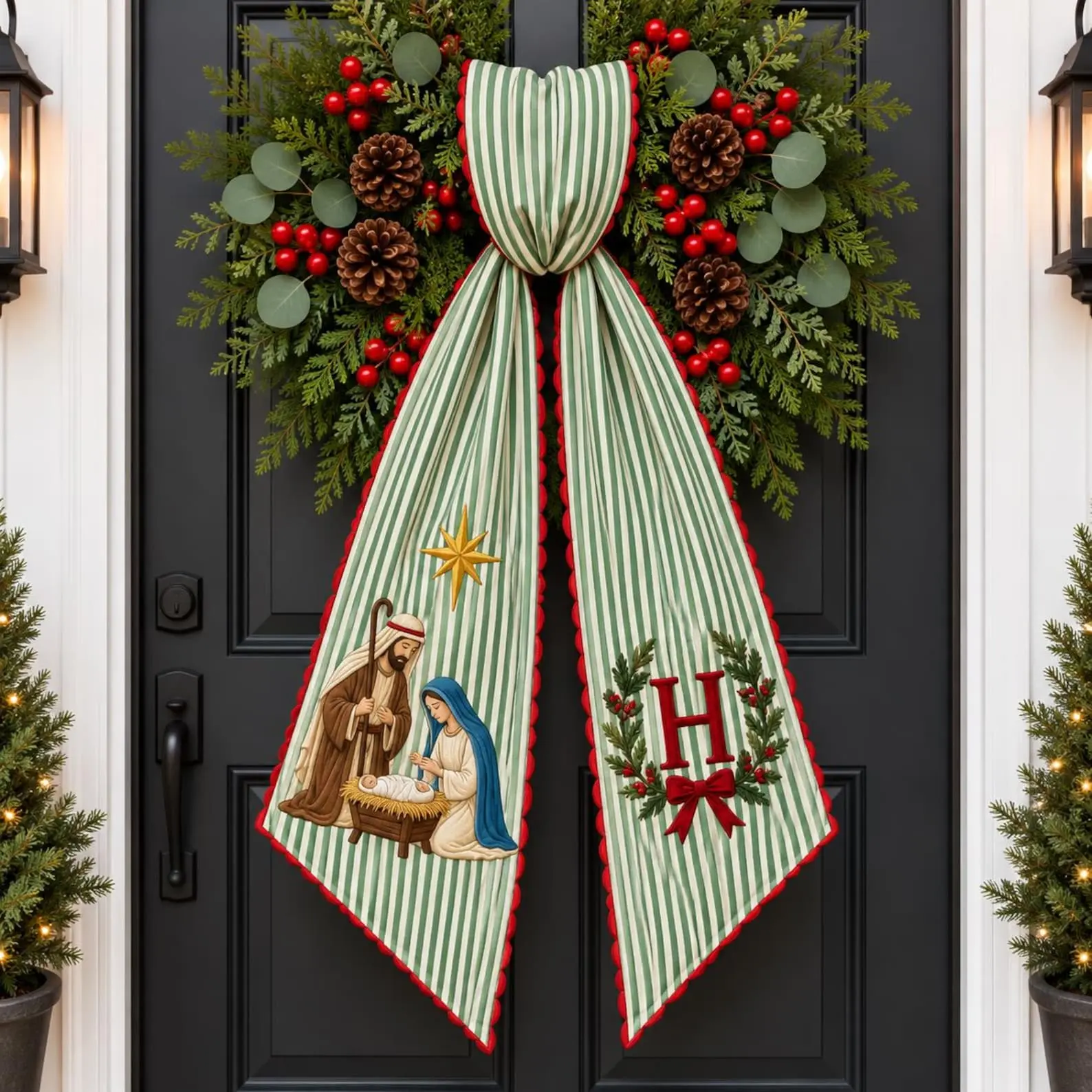 [CUSTOM] Christian Christmas Wreath Sash, Nativity Monogram Wreath Bow, Embroidered Holy Family Door Decor, Jesus Christmas Family Gift