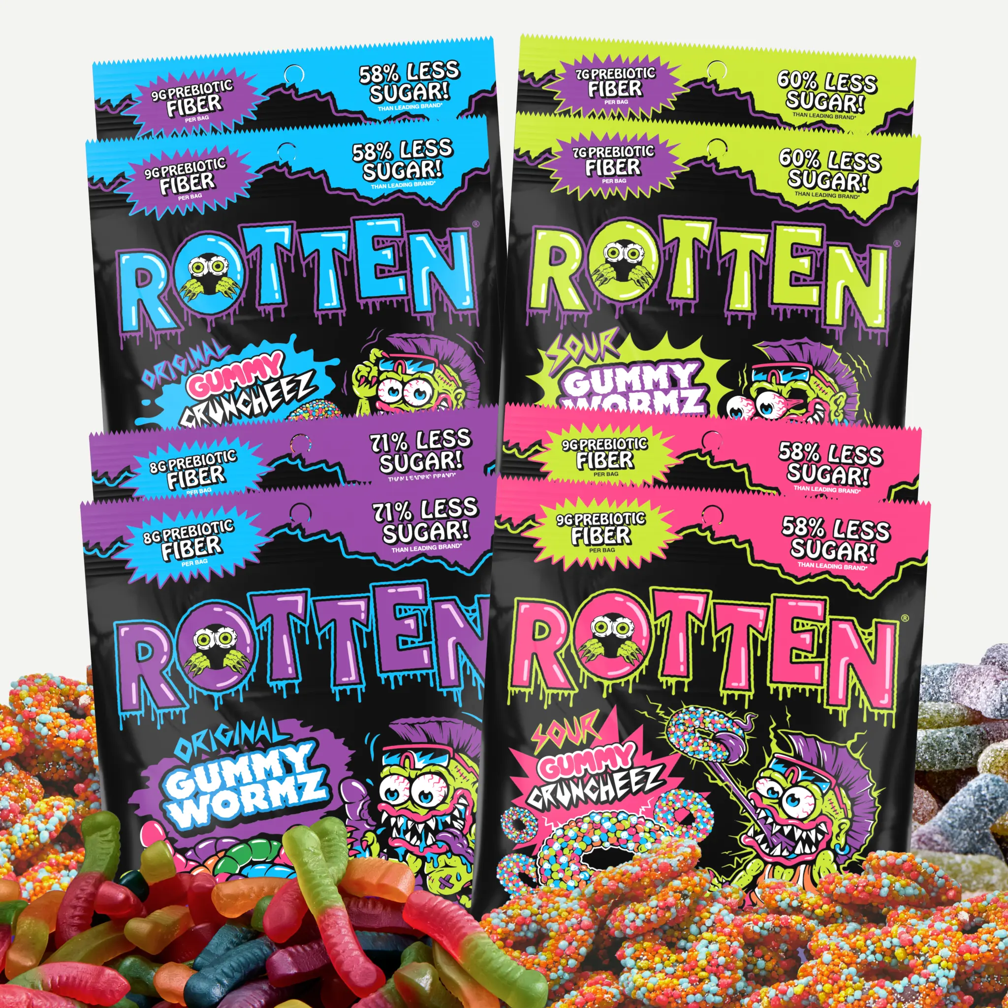 Rotten 8pk Gummy Worms & Gummy Cruncheez Sour & Original Sweet Candy Snacks 1.8 oz Bags Less Sugar No Artificial Flavors Clean Ingredients Fruit Flavored Chewy Candy - Candied Corn