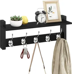 Wall Coat Rack With Shelf,  Entryway Hanger With Hooks, Small Floating Pegs for  Coats, Hats, Purses, Backpacks, Black