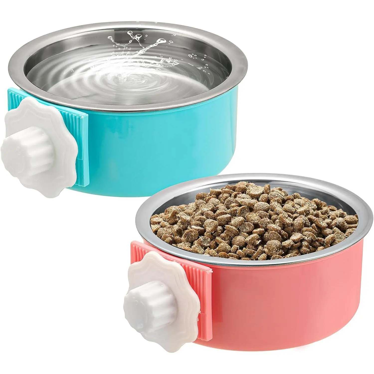Stainless Steel Hanging Animal Feeder & Water Bowls, 2-Piece Removable Cage-Attachable Cups (4.92in Diameter) for Puppies, Birds, Ferrets, Squirrels - Easy to Clean (Blue, Red)