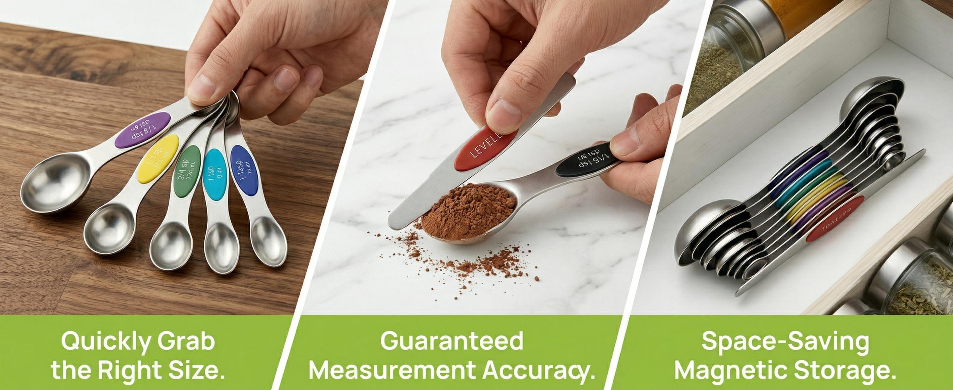 9Pcs Magnetic Measuring Spoons with Leveler, 430 Stainless Steel Double-Sided, Color Coded Stackable Kitchen Tools for Baking, Cooking, Dishwasher Safe