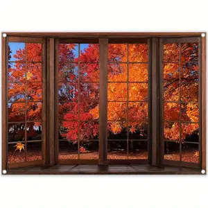 Fabric Fall Window Backdrop Autumn Landscape Maple Leaves Forest Scenery Photography Background Harvest Thanksgiving Tapestry Party Photo Booth