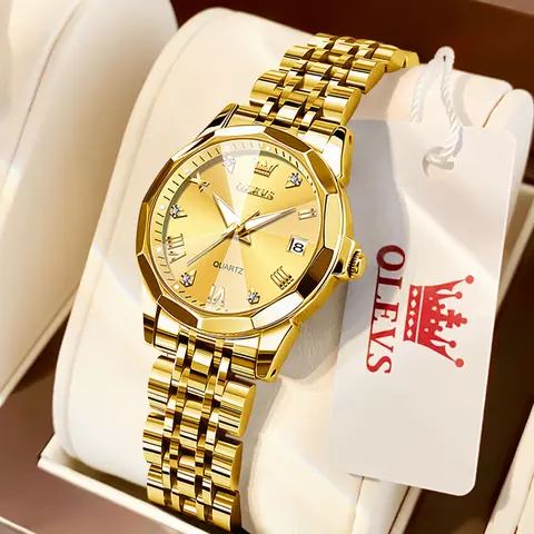 OLEVS L9931 Women's Elegant Fashionable Quartz Watch Gold Stainless Steel Link Bracelet Waterproof Luminescent Analog Round Dial Roman Numerals rhinestone Watch Calendar Set  fashion Jewelry Birthday Christmas Gift Box Set for Women Ladies