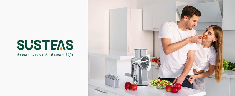 SUSTEAS Rotary Food Grater with Handle, Comes with 5 Well-Designed Blades and Strong Suction Cup Base, Comes with 1 Blade Storage Box Kitchen Vegetable Cutting Slicer Vegetable Cutter Utensils Green
