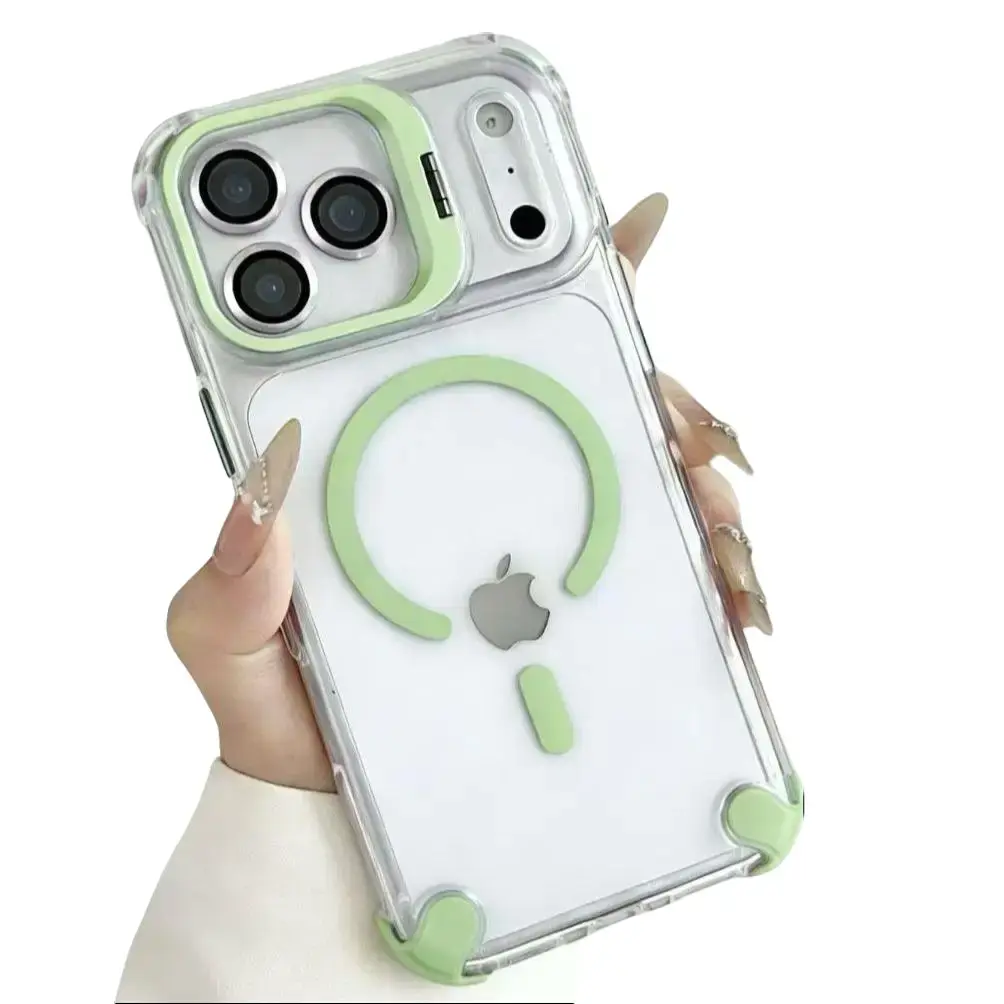 OREKROY MagSafe Clear Case for iPhone 17 Pro Max / 16 / 15 / 14 / 13 / 12, Built-in Camera Lens Protector & Kickstand Frame Holder,Military Grade Drop Protection,Slim Shockproof Anti-Yellow Clear Cover,Strong Magnetic Wireless Charging,Candy Color Design