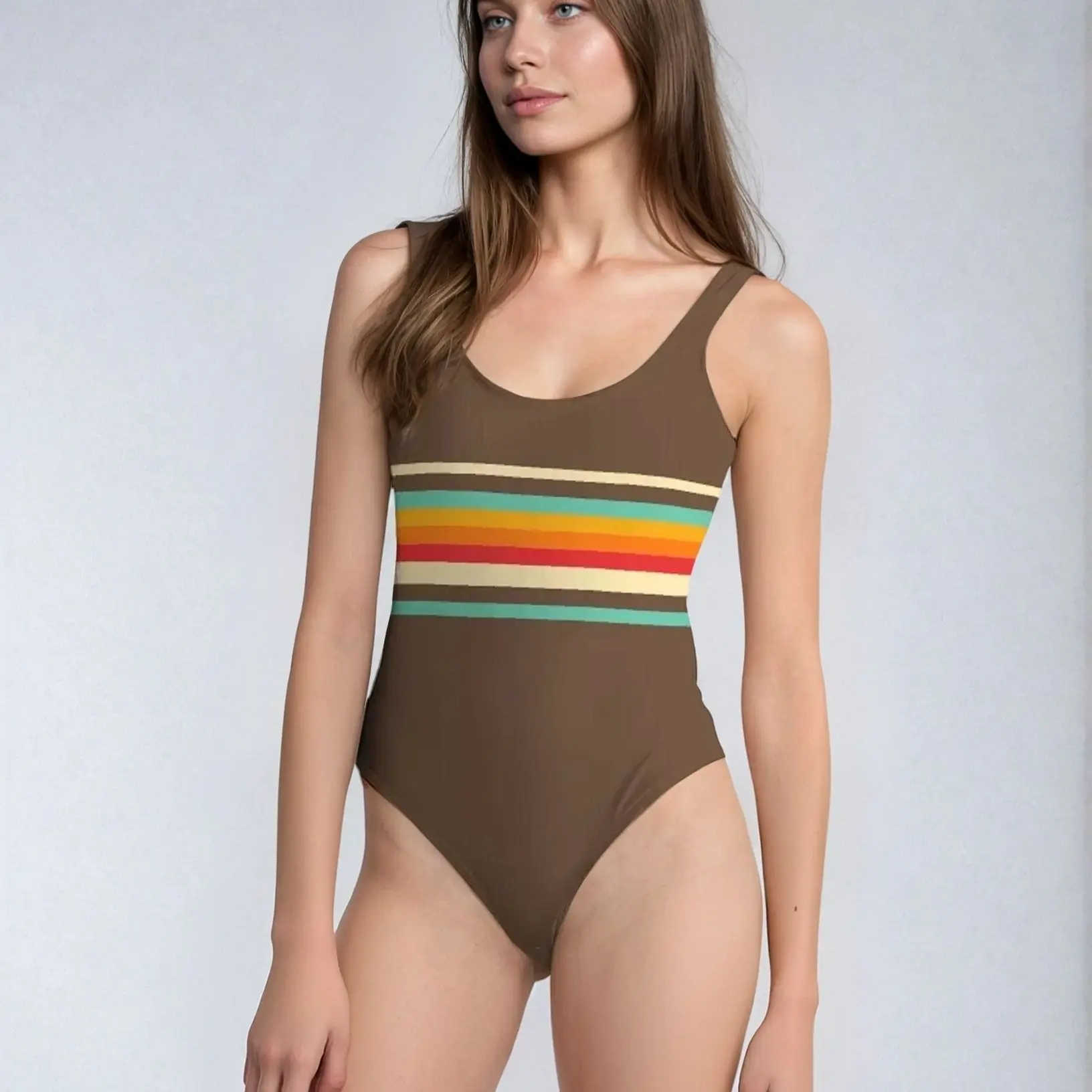 Women's One-Piece Swimsuit,Vintage 70s Stripe - Brown