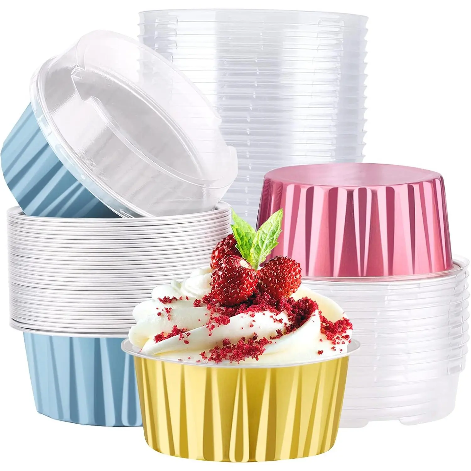 Mini Aluminum Pans with Lids, Pack of 30 Gold Bule Red 5oz Disposable Aluminum Foil Cupcake Liners Ramekins Baking Cups, Dessert Cups with Lids Aluminum Cheesecake Pan Creme Brulee Ramekins