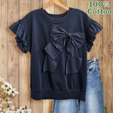 SageVell Lady's 100% Cotton Glossy Black Bow Top - Ruffled Sleeves, Oversized Bow, Soft Drape Fabric, S-2XL Range for Easy Daily Sizing, Feminine Work Shirts, Pairs with Jeans or Skirts
