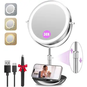 9" Large Lighted Makeup Mirror with Magnification, 1X/30X Double Sided Magnifying Mirror with Adjustable Height, Rechargeable  Mirror with 3 Color Dimmable Lights, 360? Rotation