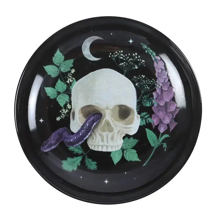 4 in Diameter Gothic Skull & Snake Motif Ceramic Spooky Plates - 4.7 oz Snake & Vine Mini Tableware, Child-Safe Jewelry Storage, Goth Gift Idea