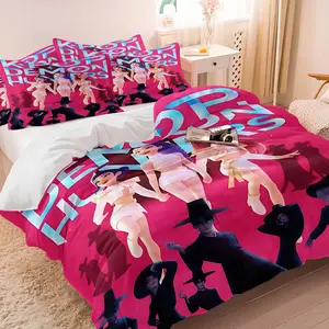 K-pop Anime Girl Group Duvet Cover Set, 1 Duvet Cover + 1/2 Pillowcases, No Core, Cool Red Print with Idol Girls & Dark Silhouettes, Soft Cozy Breathable All-Season Bedding for Teens & K-pop Fans Bedroom & Dorm Decor