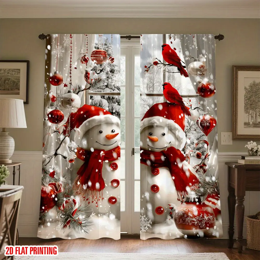 2-Piece, Merry Christmas and Holiday Theme Printed Curtains - Winter Scene with Snowman, Cardinal Bird and Snowflake Patterns, Translucent Rod Pocket, Suitable for Bedroom Living Room Kitchen Office Home Decor, Happy Holiday Atmosphere, Window Curtain