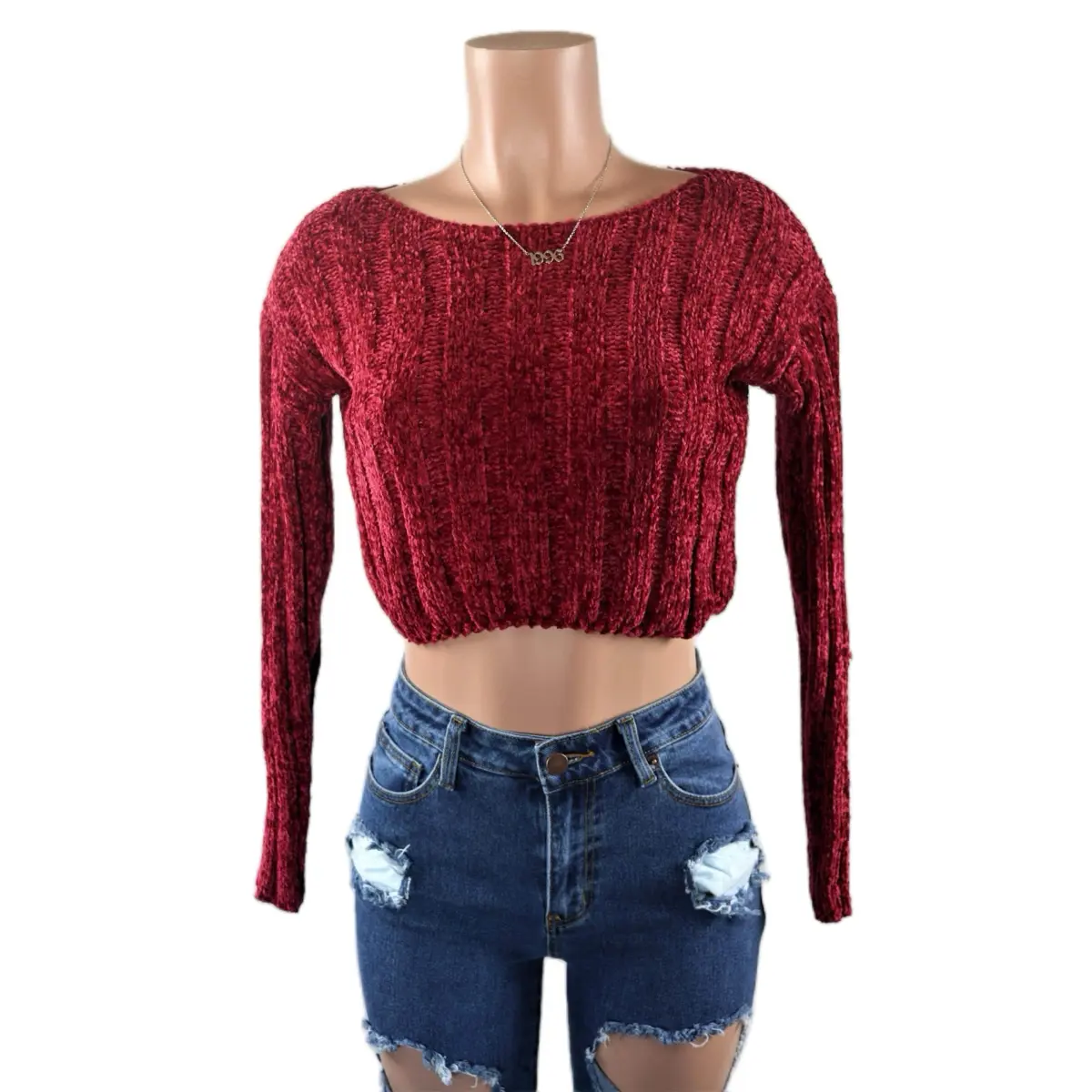 Chenille Crop Sweater Top Long Sleeve Breathable Crop Top Soft