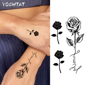 Waterproof Temporary Tattoo Stickers, Deep Color Rose Flower Text Pattern, Body Art Arm Fake Tattoos, Unisex Neck Wrist Designs