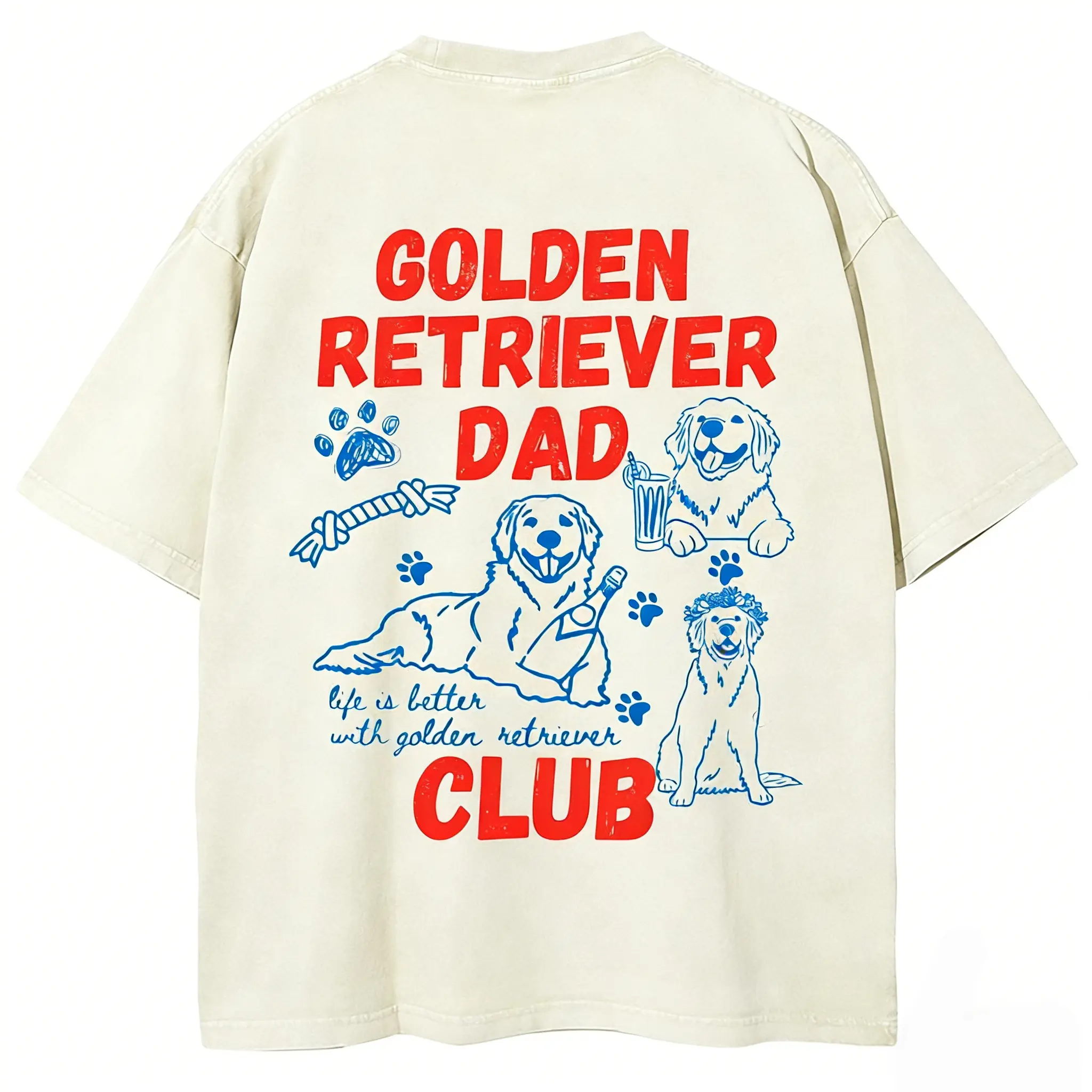 Casual Round Neck Shortsleeve Graphic T-shirt with Funny Golden Retriever Dad Print, Washed Streetwear Style for Men & Women, Tshirt, Menswear, Graphic Tees, Men's Graphic Tees