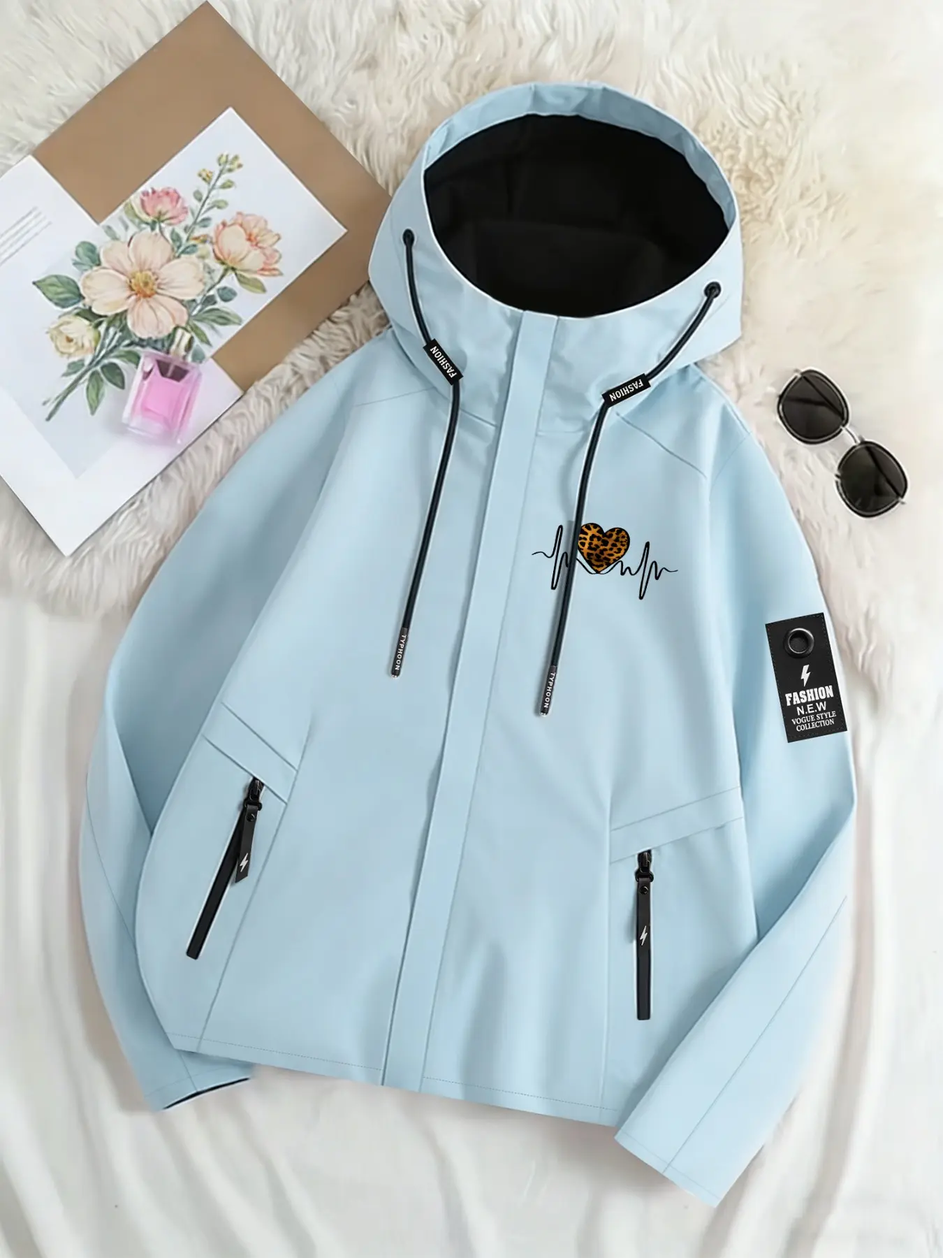 Women's Waterproof Windproof Hooded Long Sleeve Rain Jacket, Casual Outerwears, Womenswear - Leopard Print, Black & Light Blue, Lightweight Breathable Outerwear Coat with Zipper Pockets, Loose Fit Casual Outdoor Style for Hiking, Travel & Daily Commute