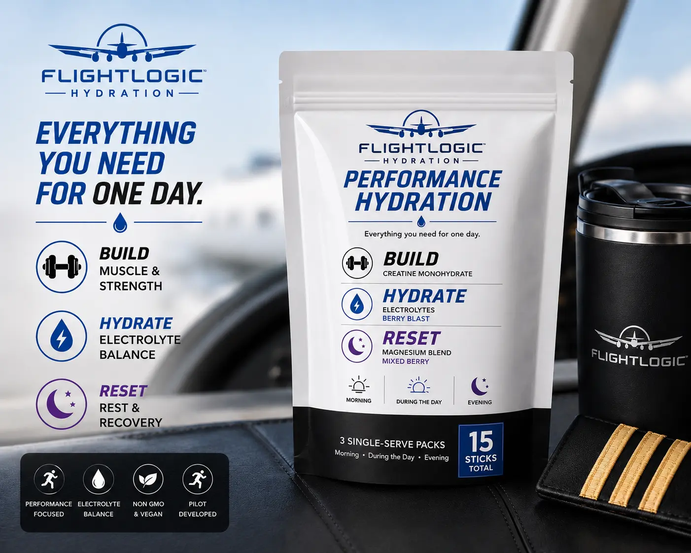 Daily Nutrition Pack | 15 Single-Serve Sticks with Creatine, Electrolytes & Magnesium Blend | FlightLogic