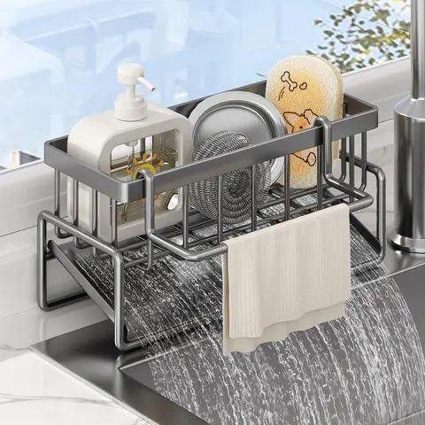 Sponge Holder for Kitchen Sink, Rustproof 304 Stainless Steel Sink Caddy with Detachable Dishcloth Rack, Dish Soap Dispenser, Brush & Sponge Organizer for Kitchen or Bathroom