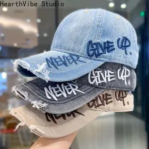 2026 Women's hat, fashionable retro washed and old blue baseball cap, retro letter side embroidery ripped edge peaked cap, simple wide brim to show a small face, -proof mountaineering hat, unisex versatile style, adjustable size
