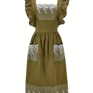 Women's Vintage Apron - Adjustable with Tie-backs, Soft Pink Lace Ruffle Hem - Pastel Kitchen Cooking, Baking, Gardening Apron with Pocket - for Birthday/Anniversary, Home Cooking, Elegant Style, Delicate Detailing, Home Cooks Green