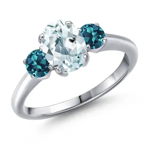 Gem Stone King 1.86 Cttw Oval Sky Blue Aquamarine and London Blue Topaz 925 Sterling Silver 3-Stone Ring for Women | Gemstone Birthstone | Oval 8X6MM and Round 4MM