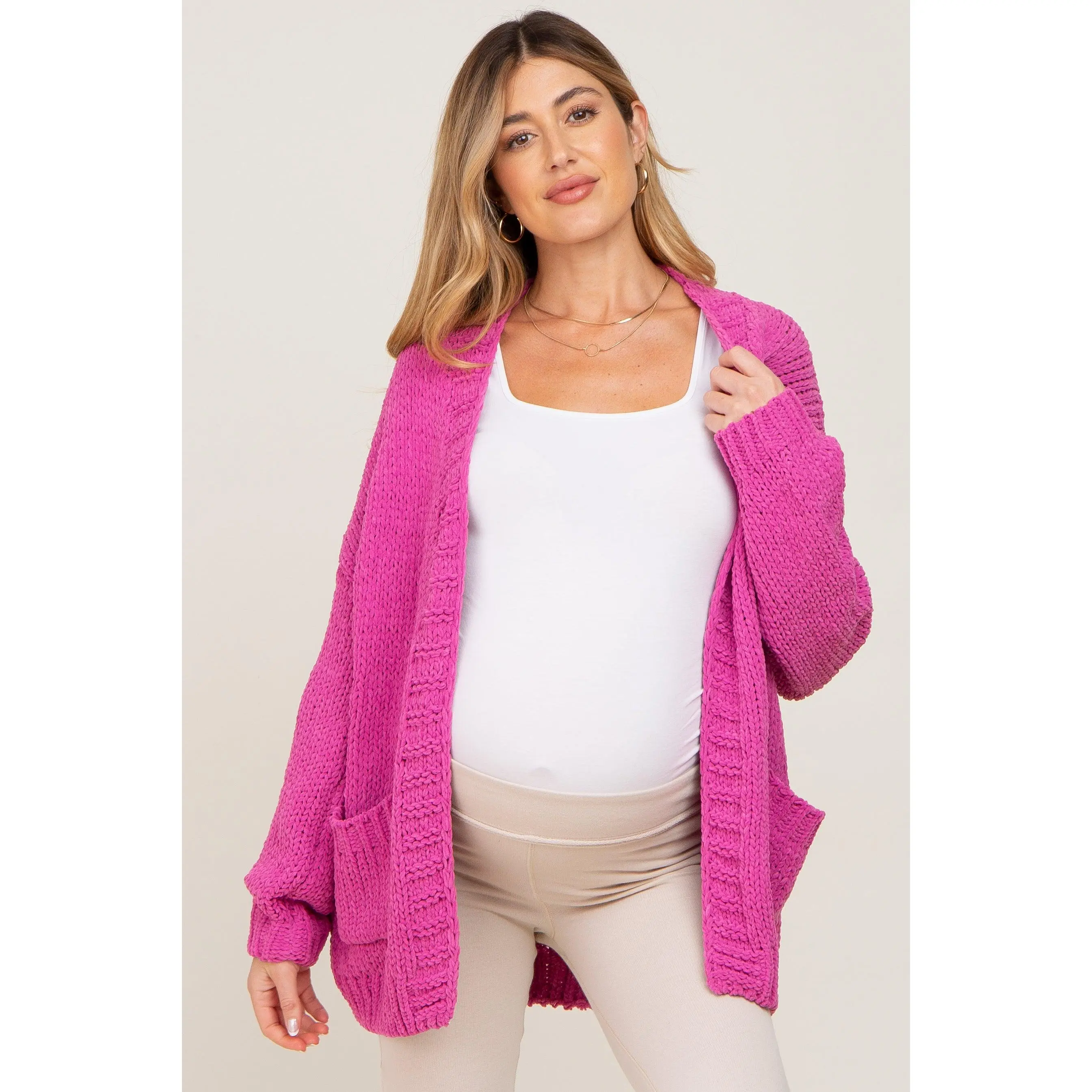 Women's Maternity Wear Oversized Bubble Sleeve Ultra Loose Casual Cardigan with Pockets, Fuchsia Maternity Outerwear
