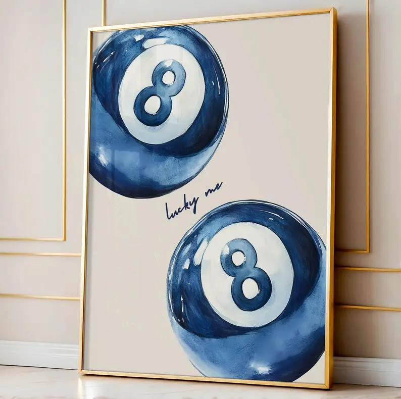 Frameless 8 Pool Ball Graphic Wall Art Print - Blue 400 Years Black-and-White Artistic Paper Poster, 24x36 Bathroom Bedroom Decor, Kids Room Retro Home Decor, Long-Lasting Wall Art