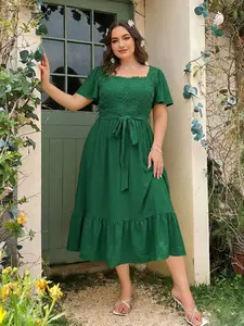 Plus Size Square Neck Lace Dress, Short Sleeve Bell Sleeve Design, Waist Tie, Pleated Hem, Chic Casual Style, Women's Fashion