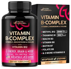 Vitamin B Complex for Men & Women - Riboflavin B2, B12, B1, B3, B5, B6, B7, B8, B9 | Vitamin C, Choline, Inositol | B-Complex Supplement | Energy, Brain & Heart Support | Lab Tested | 60 Vegan Capules