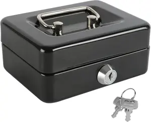 Portable Steel Mini Cash Box with Key Lock, Removable Coin Tray – Personal-Safe Safes for Cash, Coins, Keys & Valuables, Black, 4.92", Mini Bank Safes, Coin Storage Safes