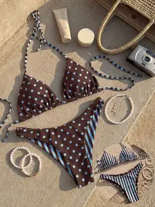 New Split Bikini, American Retro Wave Dot Stripe Patchwork Bikini, Dual Wear Design, Classic Triangle Cup, High Cut Bottom, Beach & Poolwear