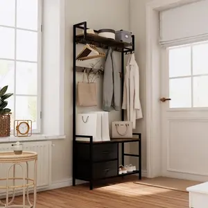 33.1" Wide Hall Tree with 2 Movable Drawers, Shoe Storage, Shelves and Garment Racks, 5-in-1 Entryway Bench with 23 Hooks (Fixed and Movable)
